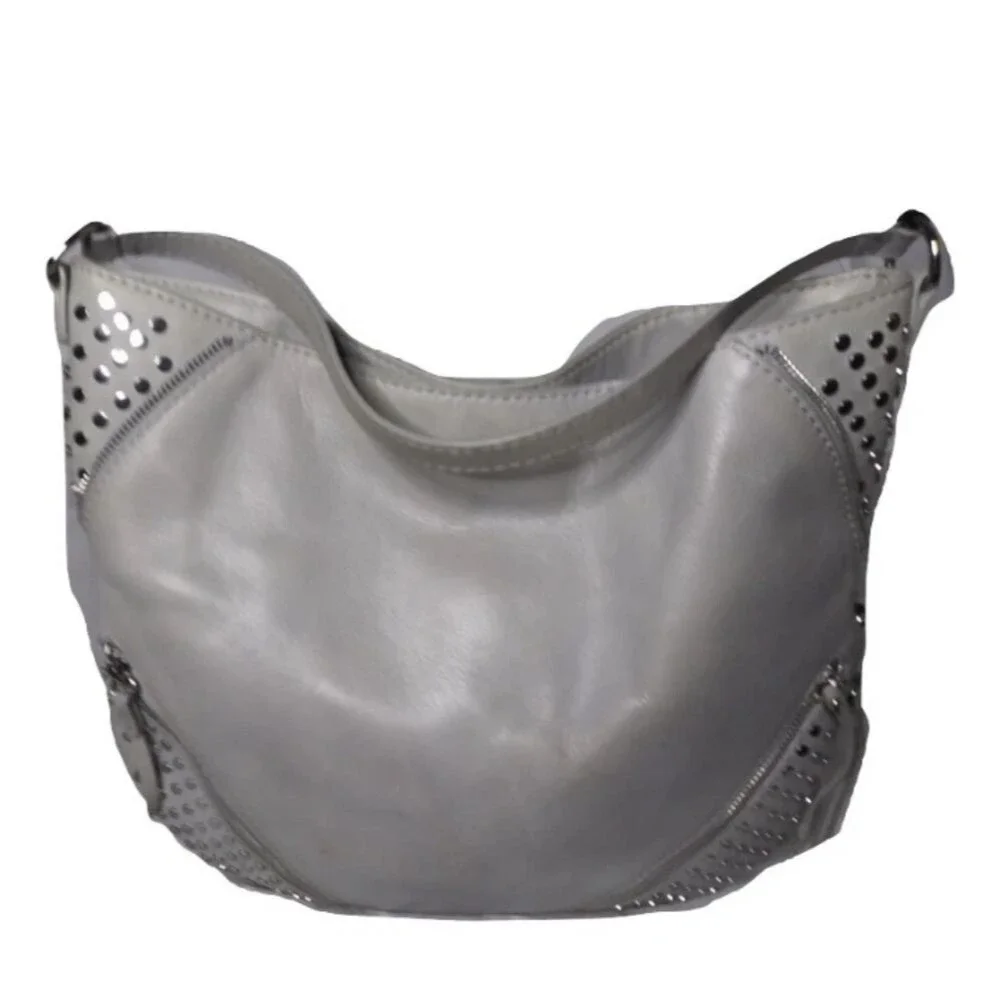 She+Lo  Leather Hobo Shoulder Bag  Studs Tassel Boho Bag Gray Taupe Retail $280